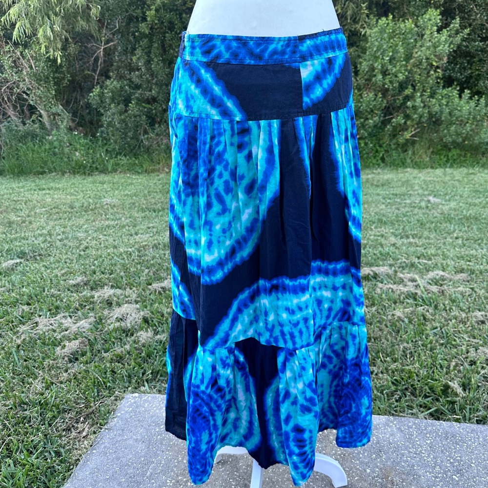 Y2k Tie Dye Tiered Boho Fairycore Maxi Skirt Gypsy Womens Medium Blue Black